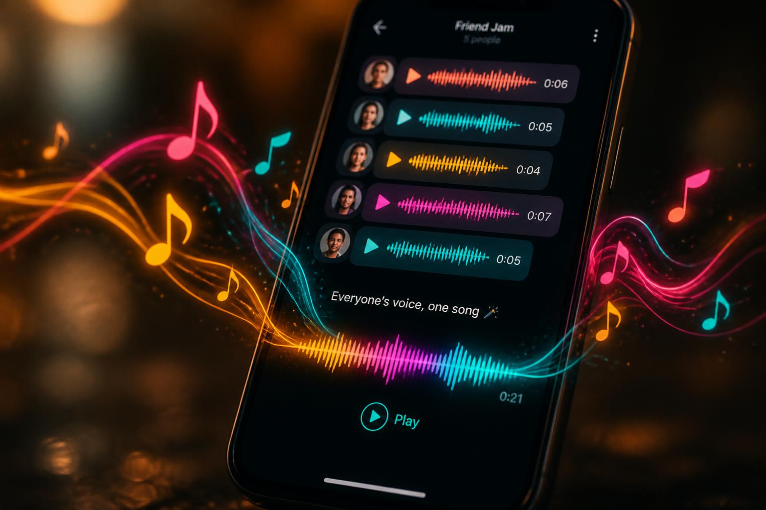 A phone screen showing multiple voice messages weaving into a single colorful song waveform