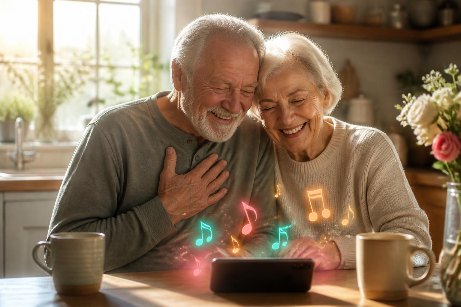 A joyful older man blowing out birthday candles while friends and family clap and confetti flies