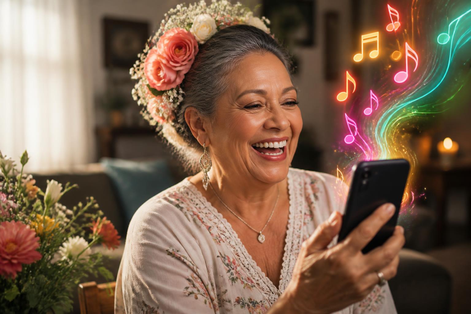 An older woman with flowers in her hair smiling and recording a holiday message on her phone