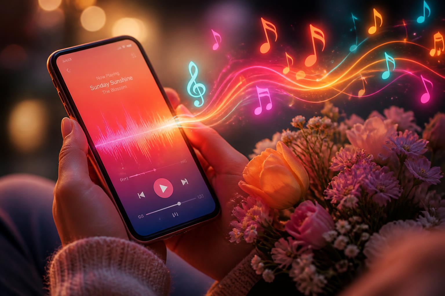 A smartphone playing a song with glowing musical notes and spring flowers nearby