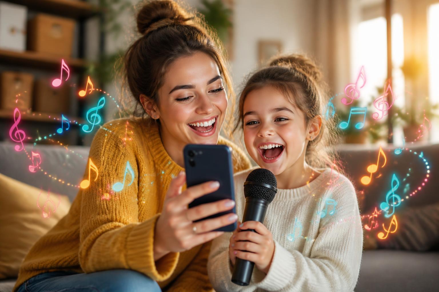 A young mother and her child laughing and singing together into a phone