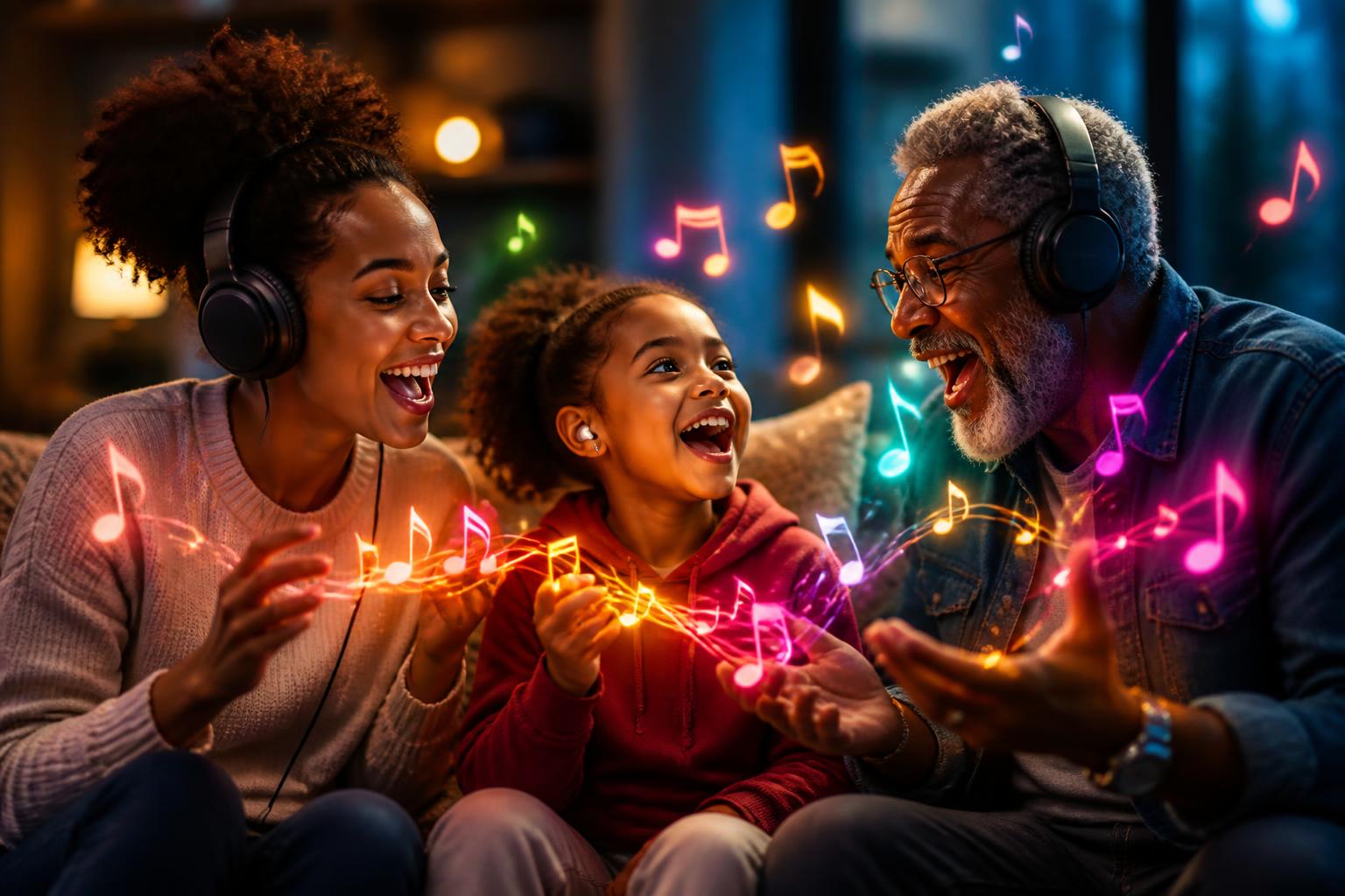 Active senior smiling with colorful musical notes floating around her.