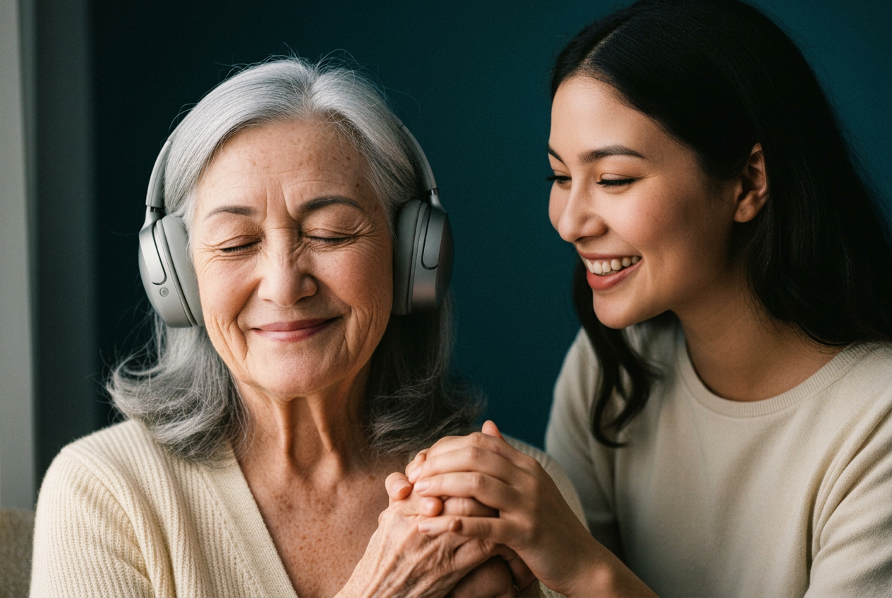 An older woman listens to her song through headphones while her granddaughter holds her hand.