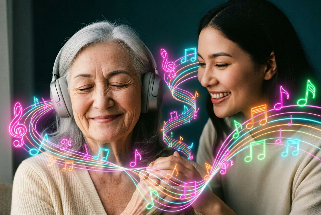 Older woman in memory care listening to her song with colorful musical notes floating around her.