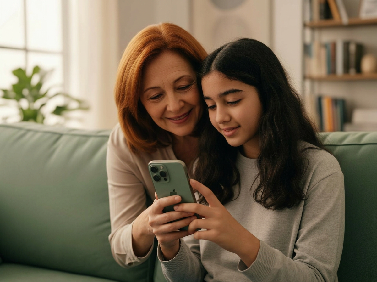 Family on a couch listening to a song together with smiles.