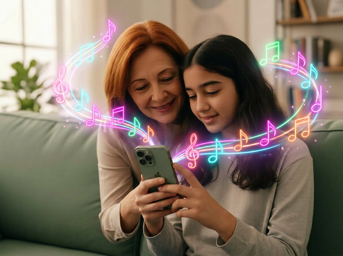 Family on a couch listening to a song together with smiles.